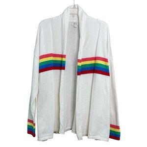 Style & Co. Cotton White Rainbow Striped Open Front Cardigan (Size L)